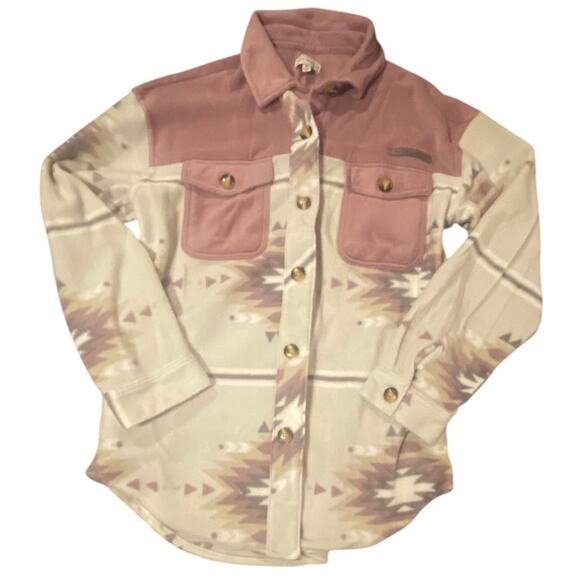 Simply Southern Women’s Aztec Print Fleece Button Up Shacket Pink & Cream Size M - Picture 1 of 4